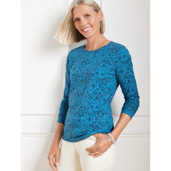 Talbots Sketched Floral Crewneck Tee Size 1X Blue Cotton Stretch Comfort Layers - Picture 1 of 9